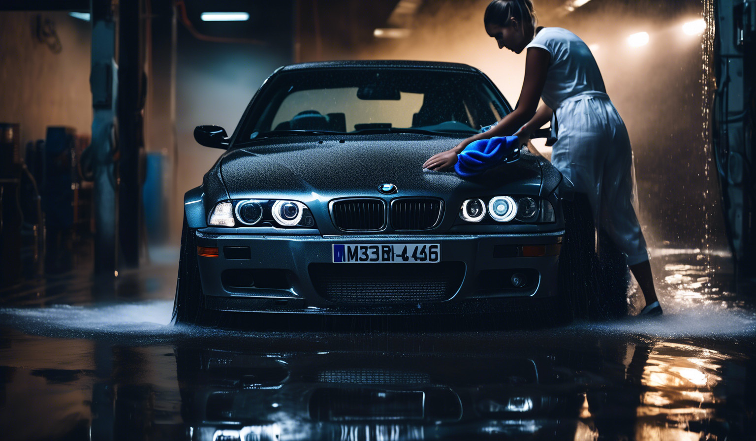 A bmw m3 e46 being washed by a model 