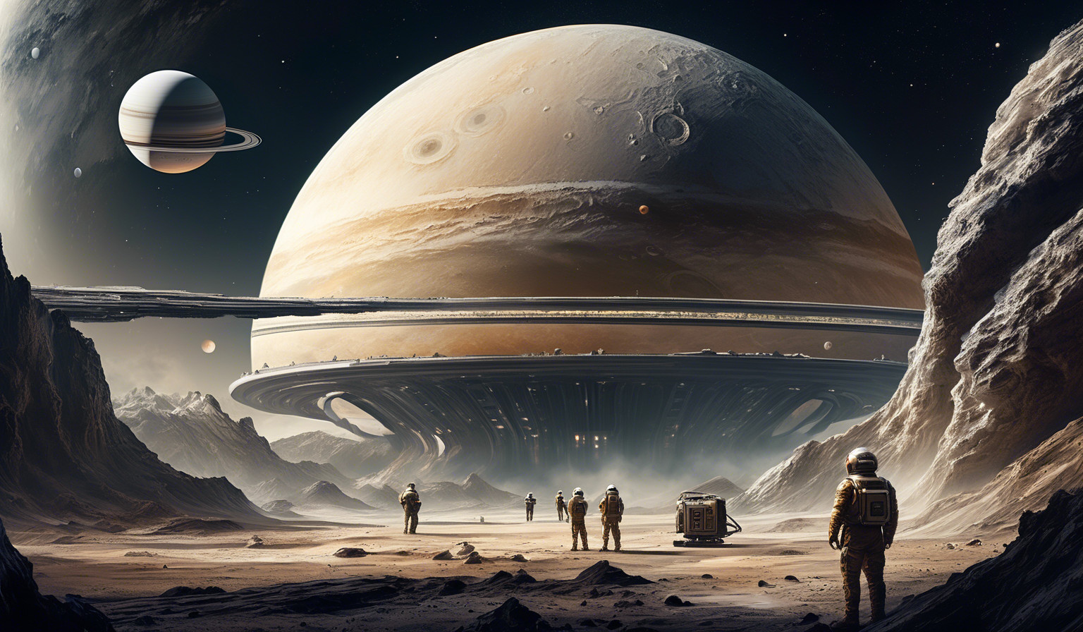 Human military base on saturn's moon while humans look at saturn and its rings