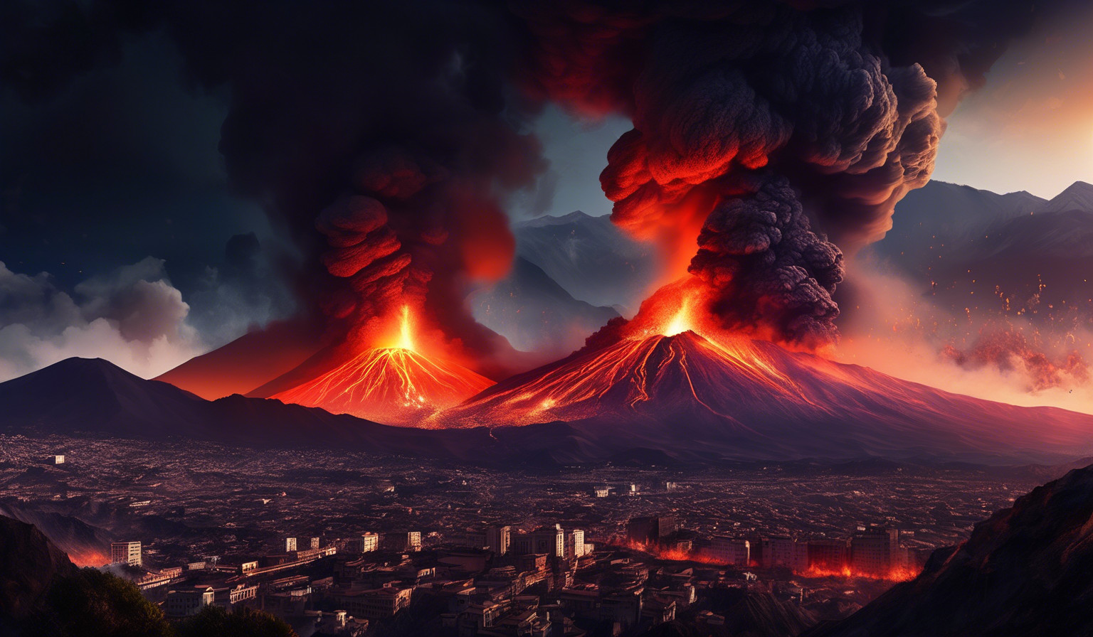 Mt Etna in eruption and cities in background 