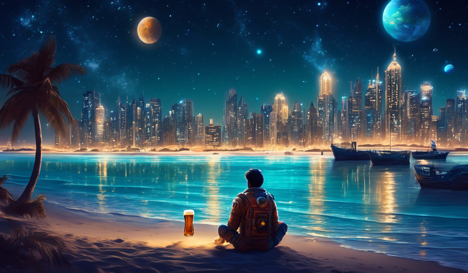 Human man in space planet relaxing on the beautiful beach with beer in his hand with a city in the background by night 