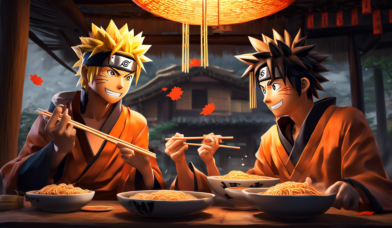 Naruto and Luffy eating ramen with chopsticks in 3d