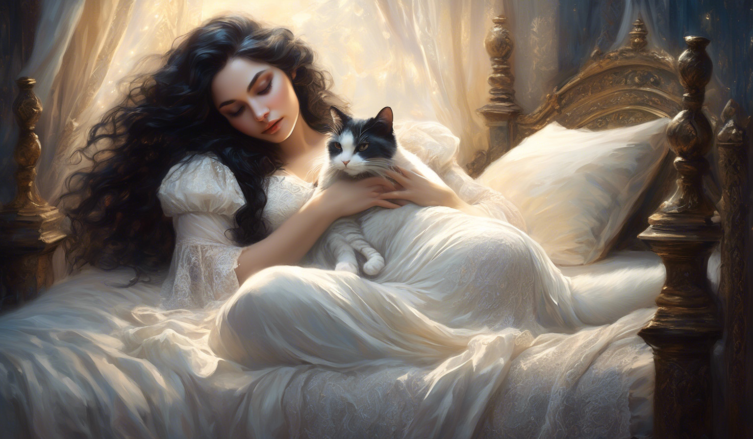 attractive curvy woman, narrow waist, wide hips, long black curls, white skin, romantic white lace nightgown, sleeping in antique bed, cuddling cat