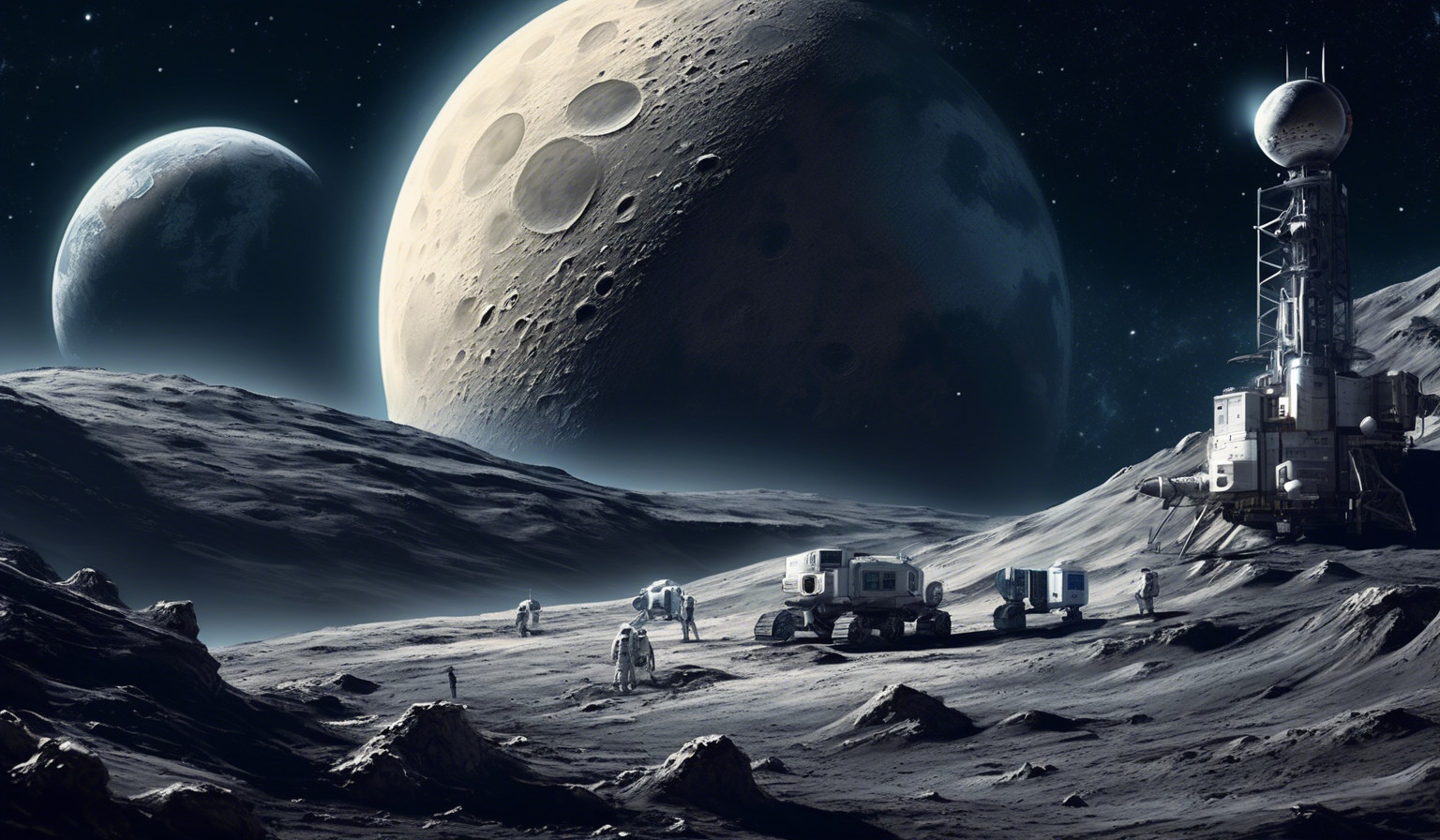 There should be a lunar station next to the moon and the earth in the background