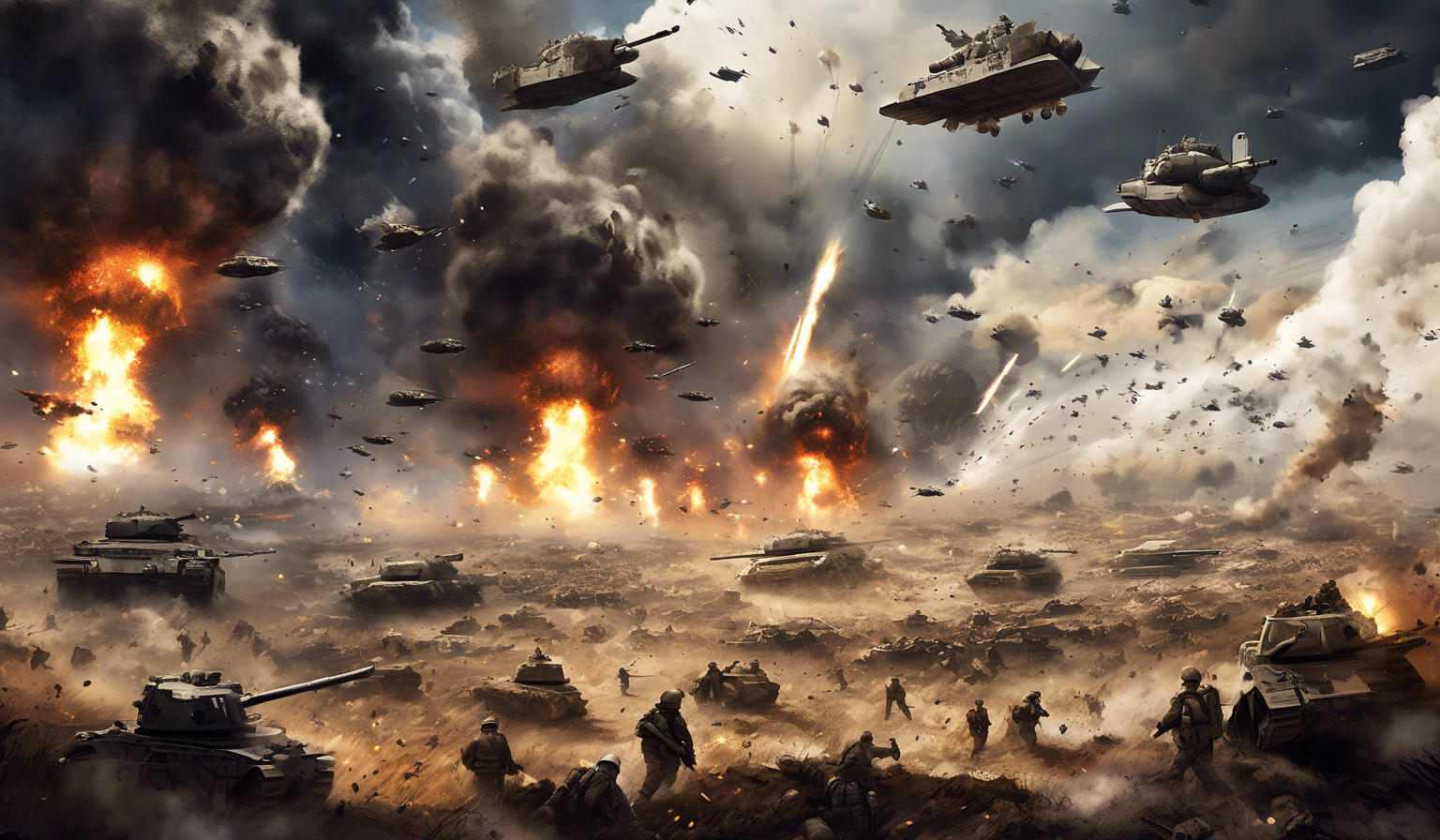 A huge modern battlefield with a great war going on. The image should depict many scenarios, so that one has to examine the image properly to find them all. In the sky, there should be an epic representation of a deity. Many explosions, debris, and limbs are flying around.