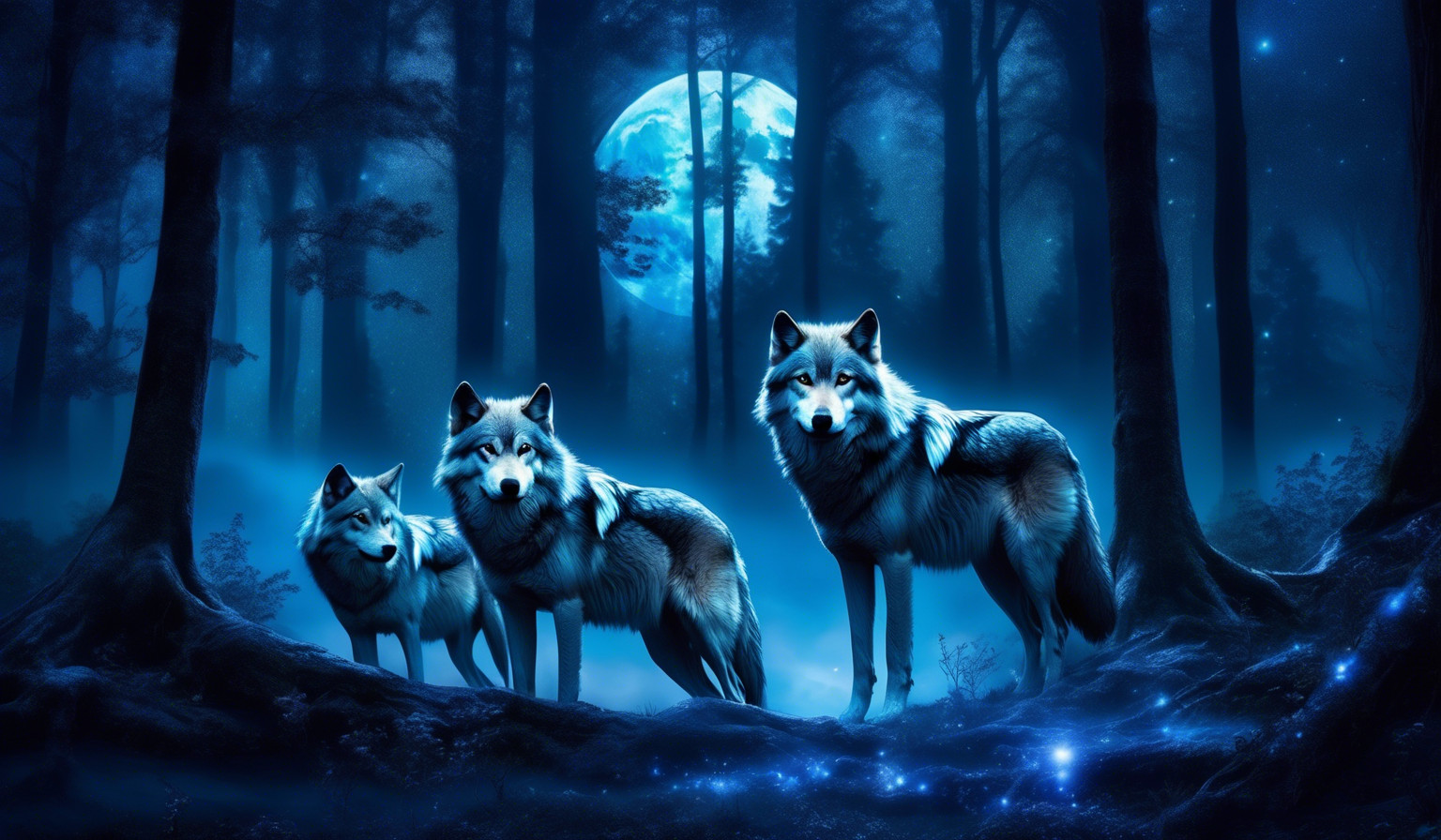 Wolves in the moonlight in a dark forest