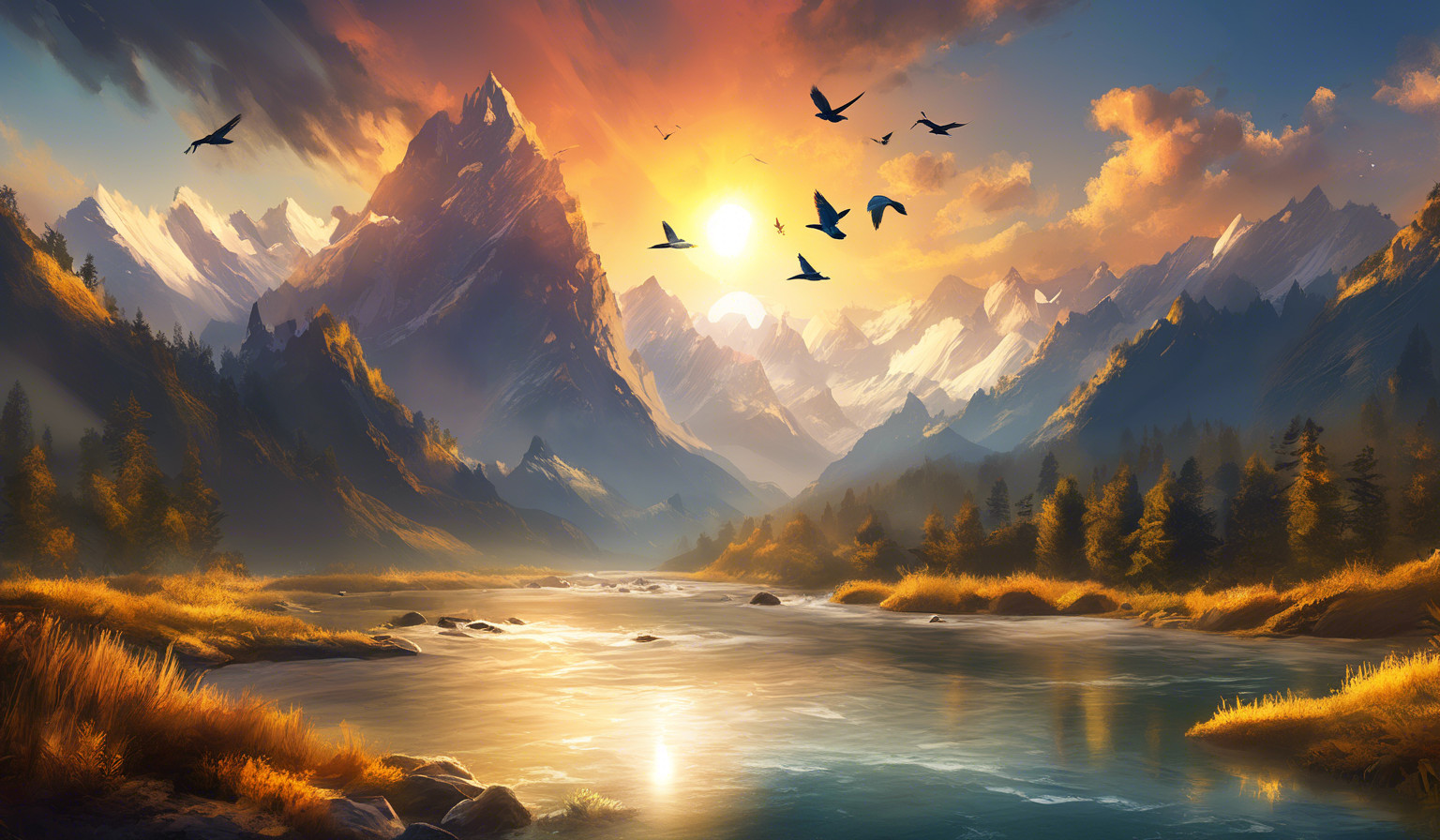 God, Mountains, Rivers, Streams, Birds, Sun Rise and Sun Set