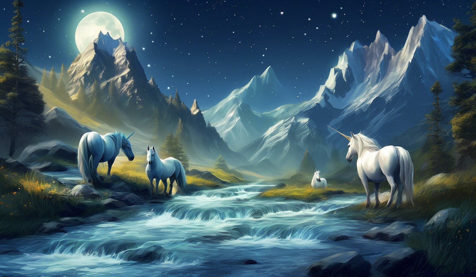 Unicorns, mountain stream, moon