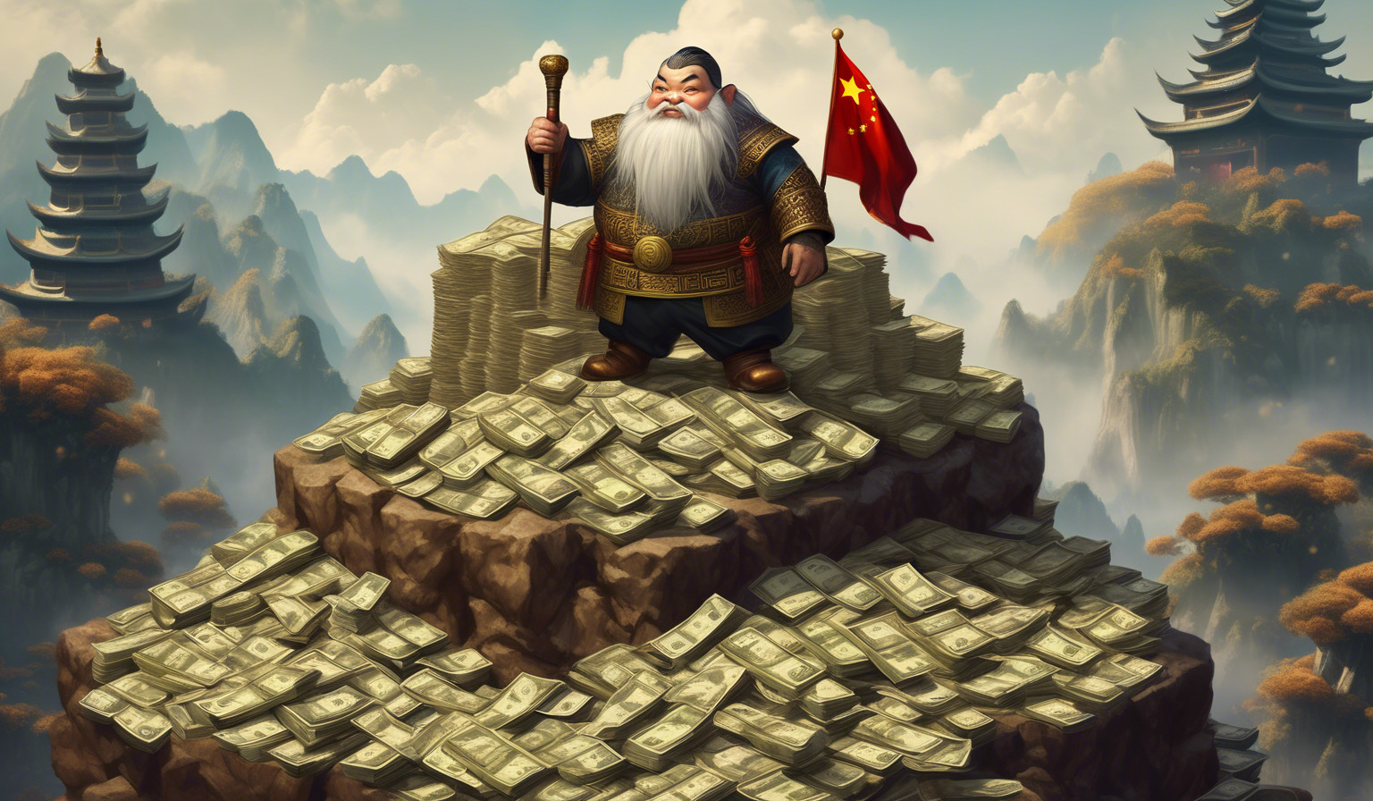 Chinese dwarf standing on a pile of money