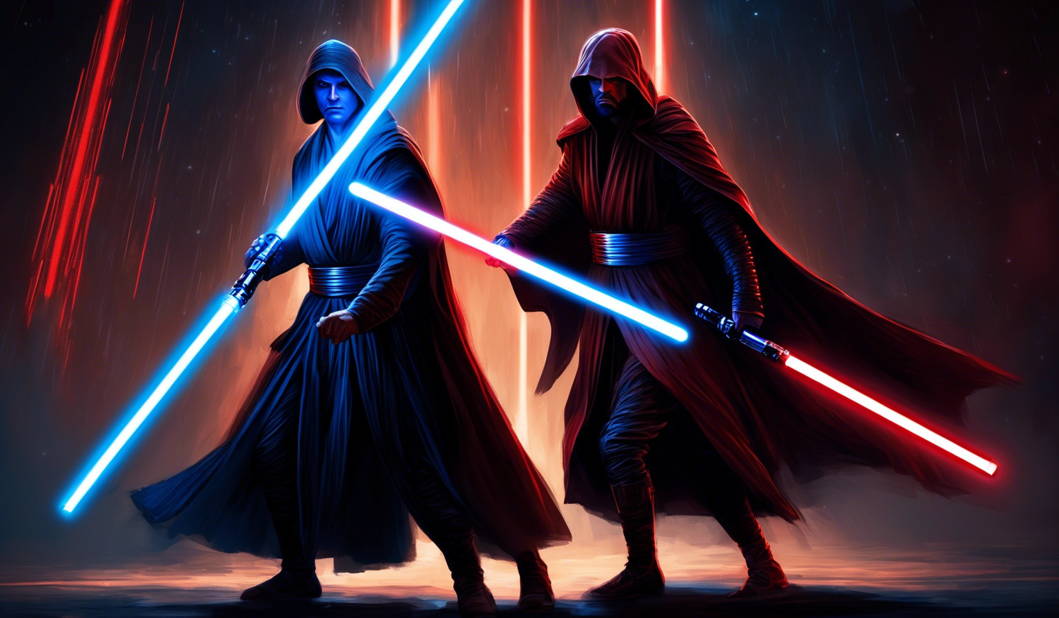 Jedi with blue lightsaber vs sith with red lightsaber, dark background 
