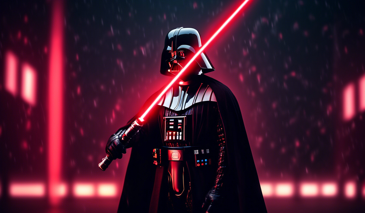 Darth vader holding red light saber with a gloomy background