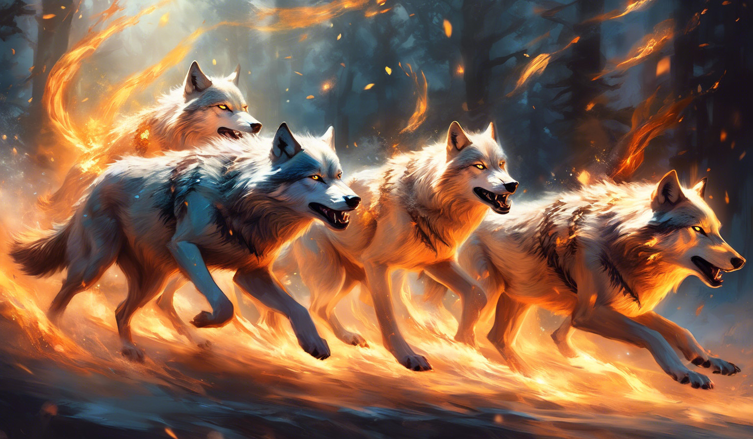 Wolves running in a pack with muscles through. Fire