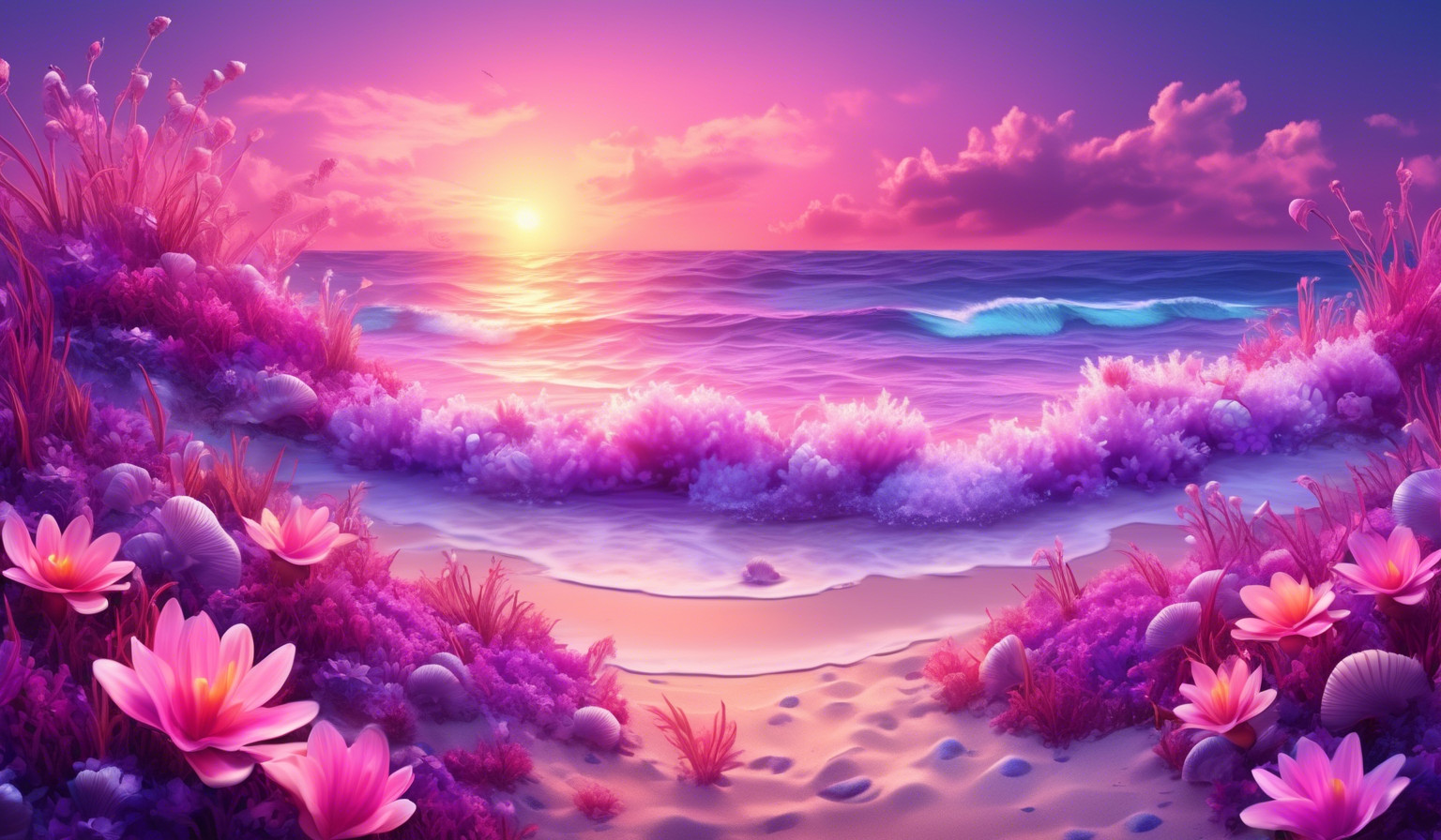 THE BEACH WITH FLOWERS IN THE OCEAN PINK AND PURPLE COLORS WITH SHELLS SUNSET FANTASY ART