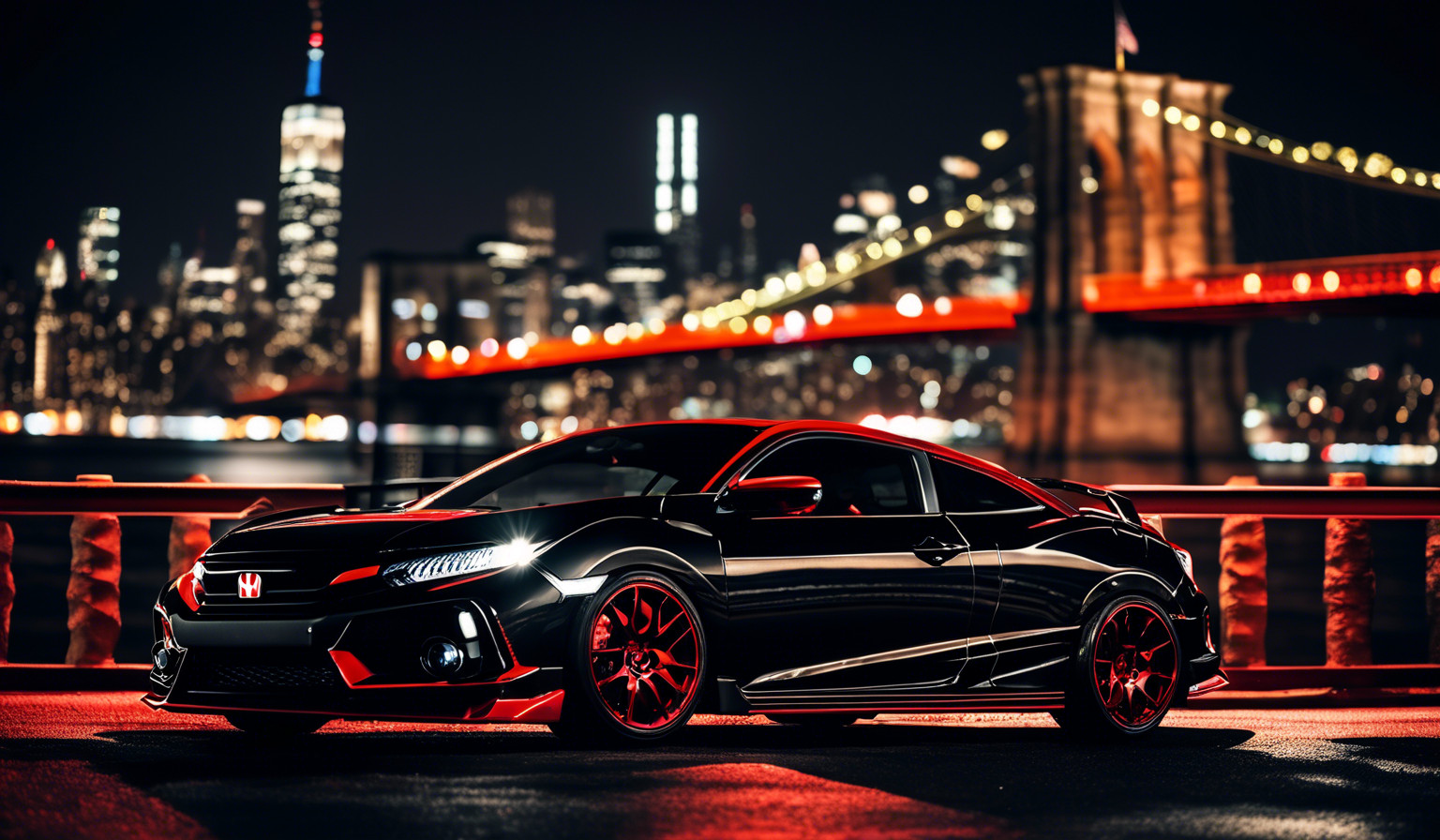 Black with red honda civic coupe si 2007 in front of Brooklyn bridge at night