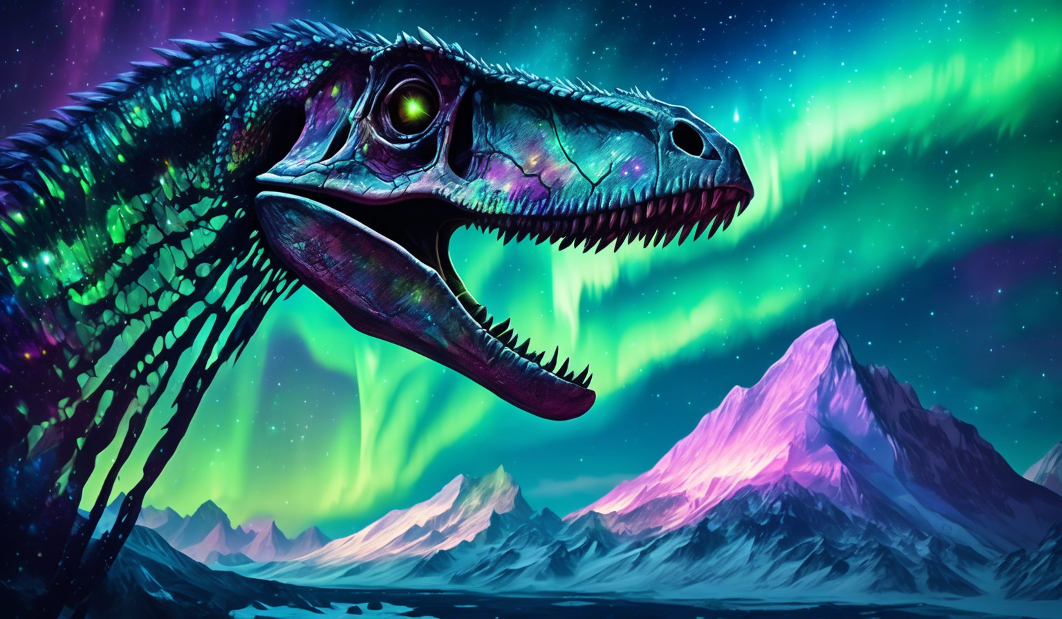 Velociraptor skull with aurora borealis background