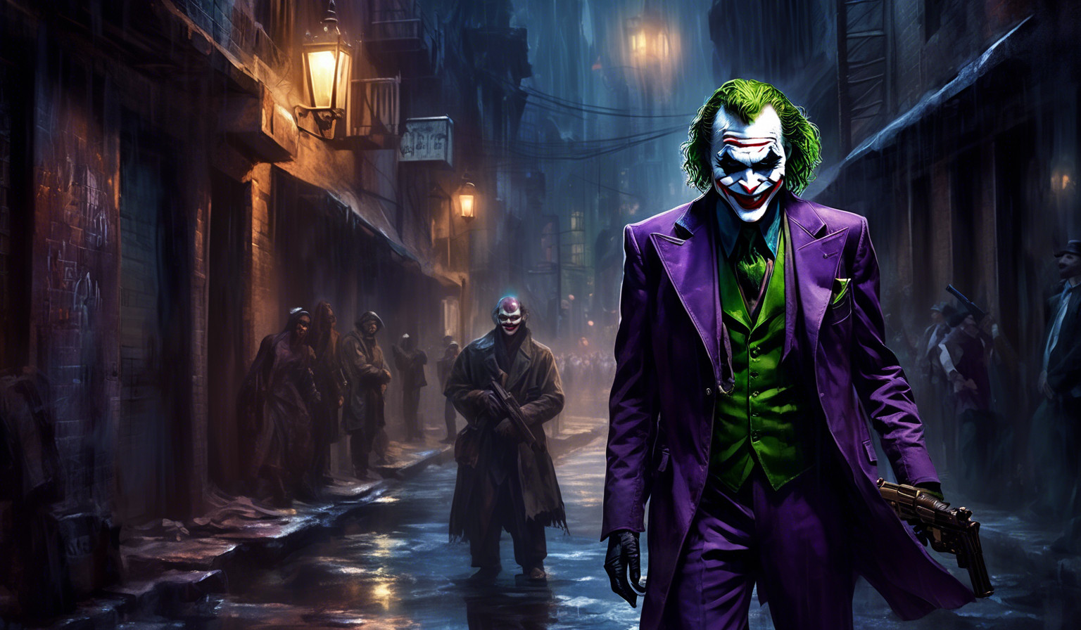 The Joker grinning while holding an AK 47 in a dark city alley