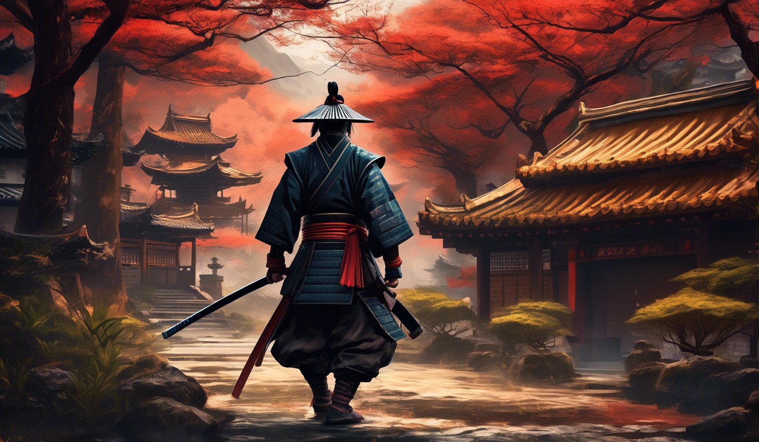 fondo 8k full HD de un samurai con fondo chino