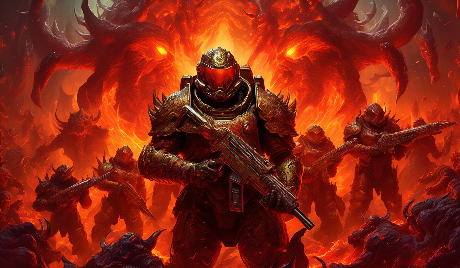 Doom Slayer equipped with a double barrel shotgun and surrounded by demons in hell