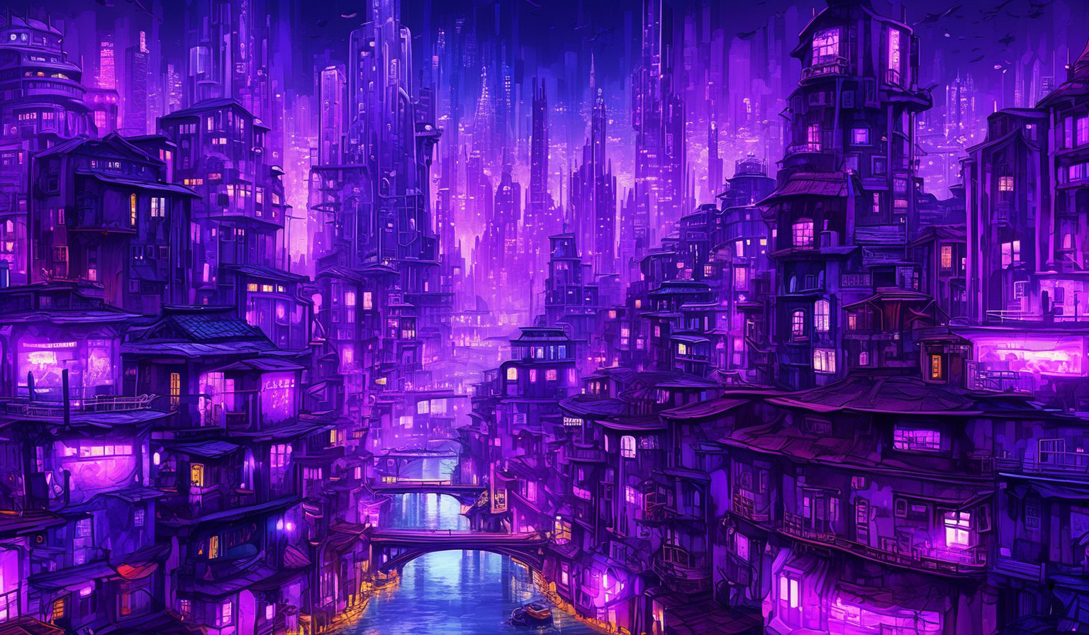 quiero un fondo morado medio lila, una ciudad futurista