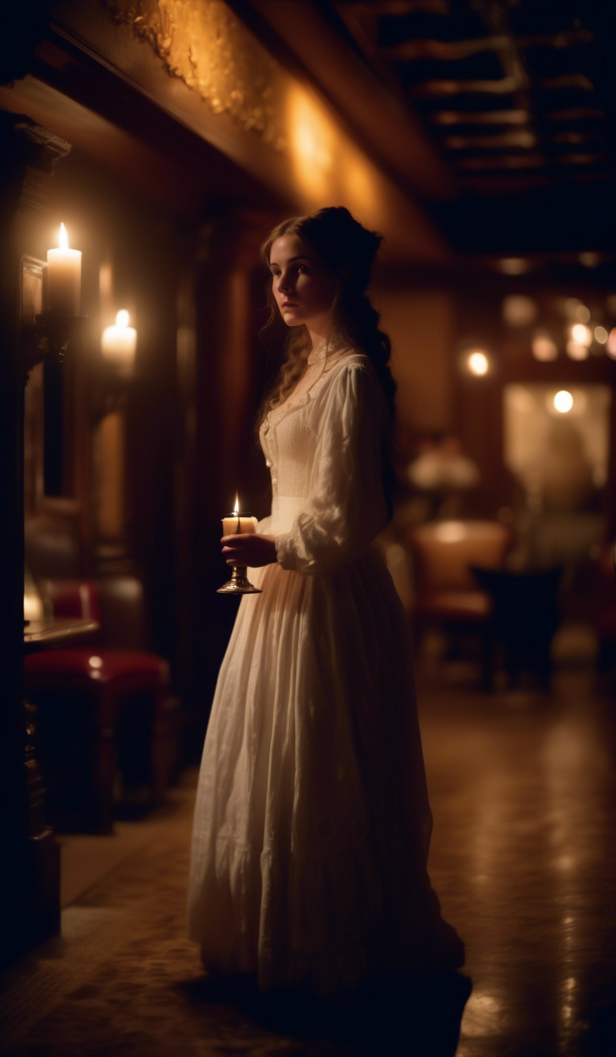 very lascivious beautiful bar girl from 1880 from Wales with a candle in her hand. She is a ghost. Waiting at the entrance of the Hotel California