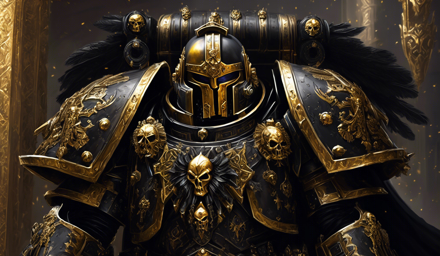 realistic warhammer 40,000 space marine custodes in ornate black armor with gold accents