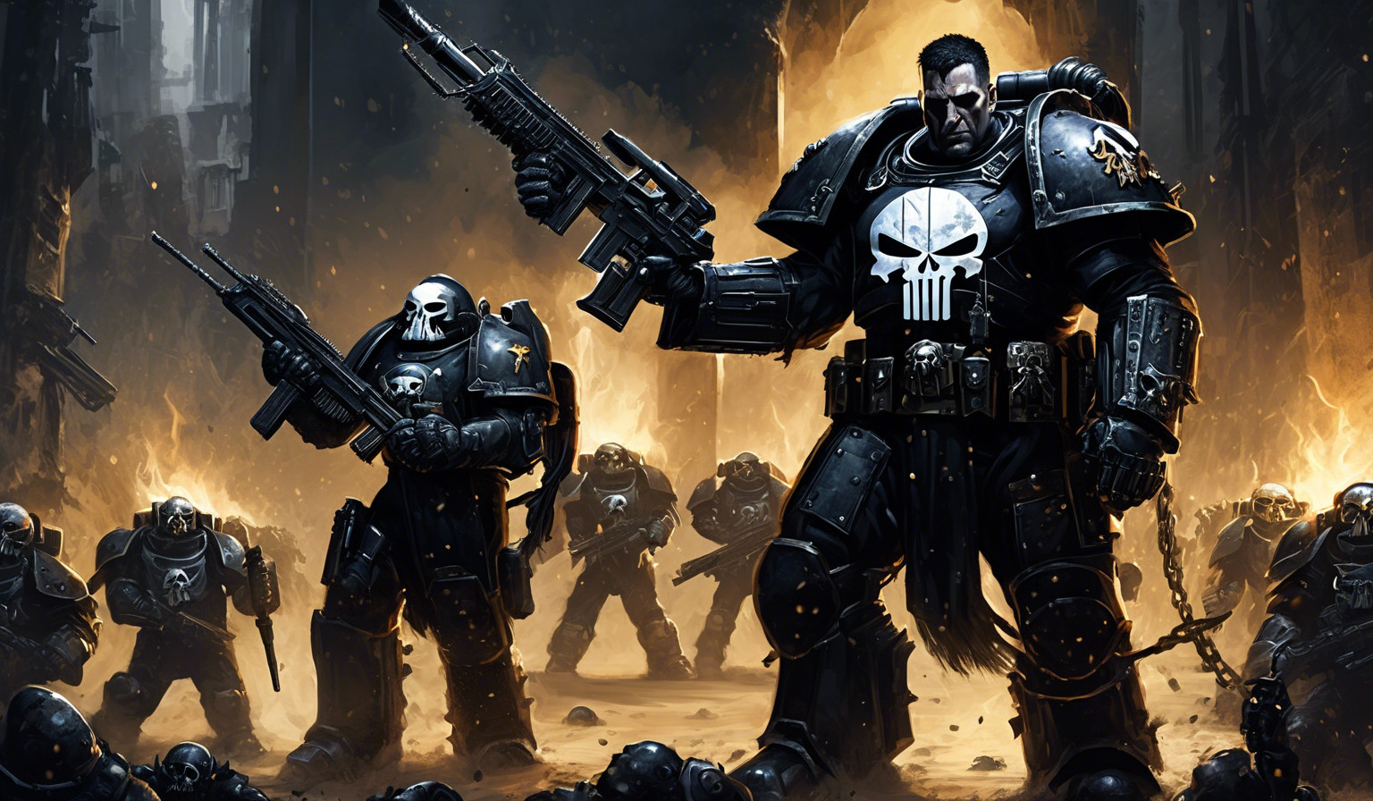 cross between punisher and Warhammer space marines in black armor