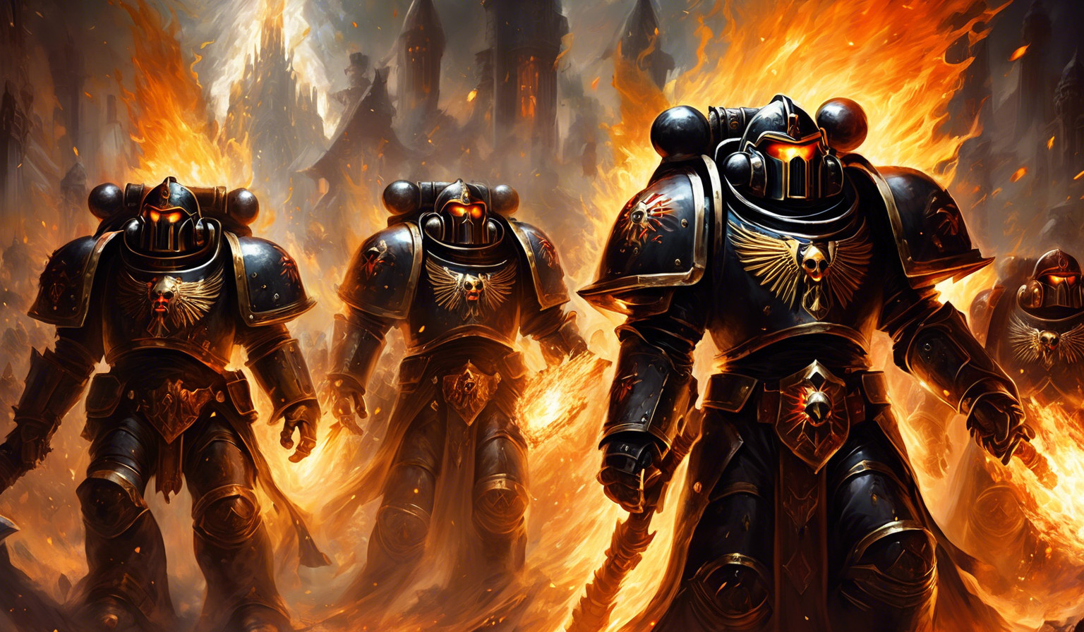 Warhammer 40,000 black templar space marines in fire armor and flame eyes