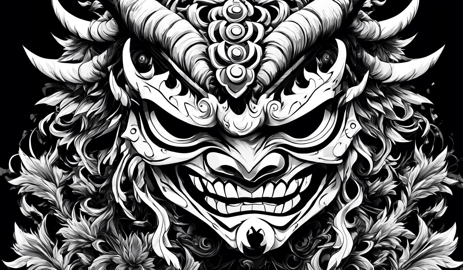 a black and white oni mask with the white side on the black back round and the black side on the white backround