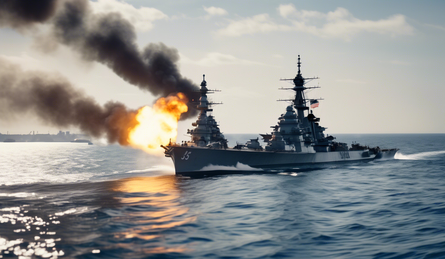 USS Iowa firing a broadside