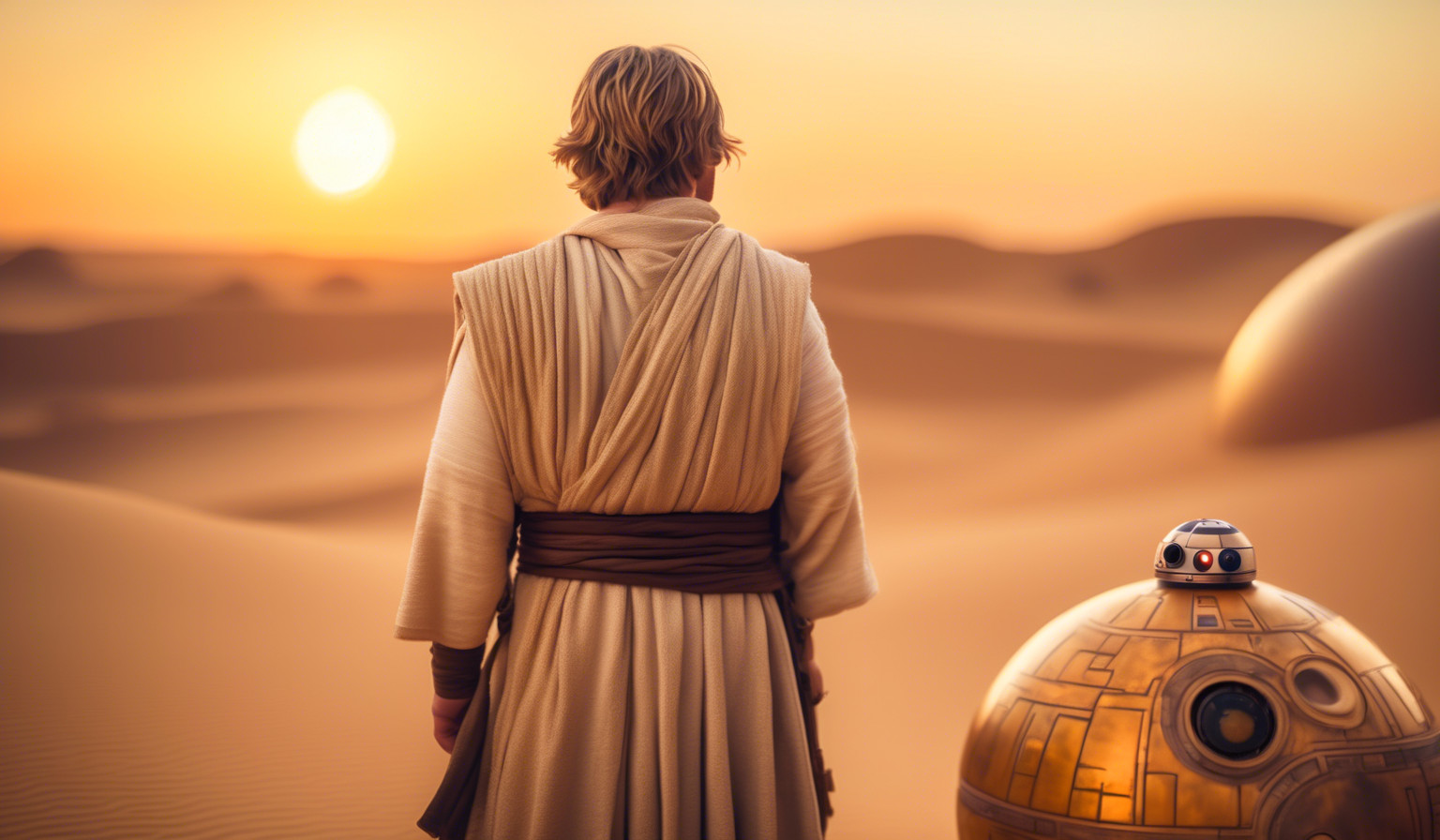 Luke Skywalker looking at suns on Tatooine 