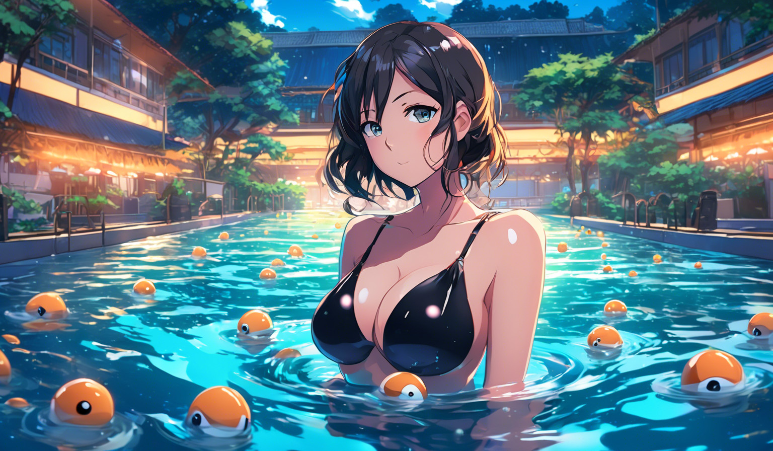 Woman with big b00bs in a pool