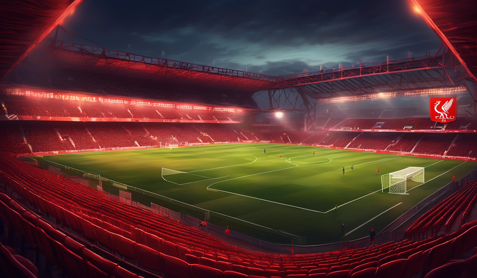 Liverpool soccer club crest and Stadium During Dusk