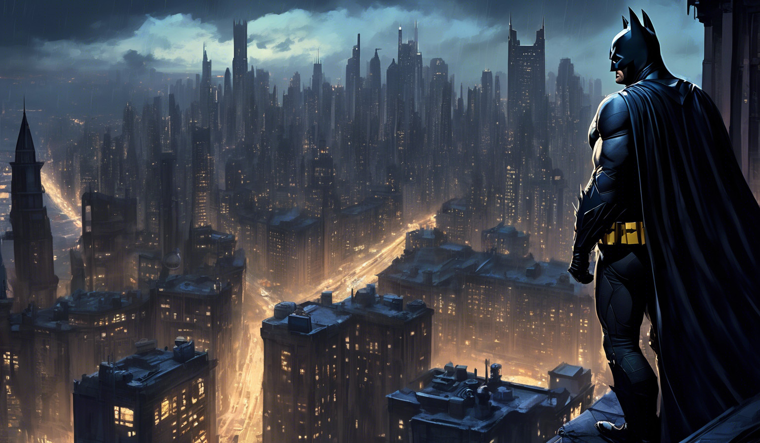 Batman overlooking gotham, ACE Chemicals in the background 