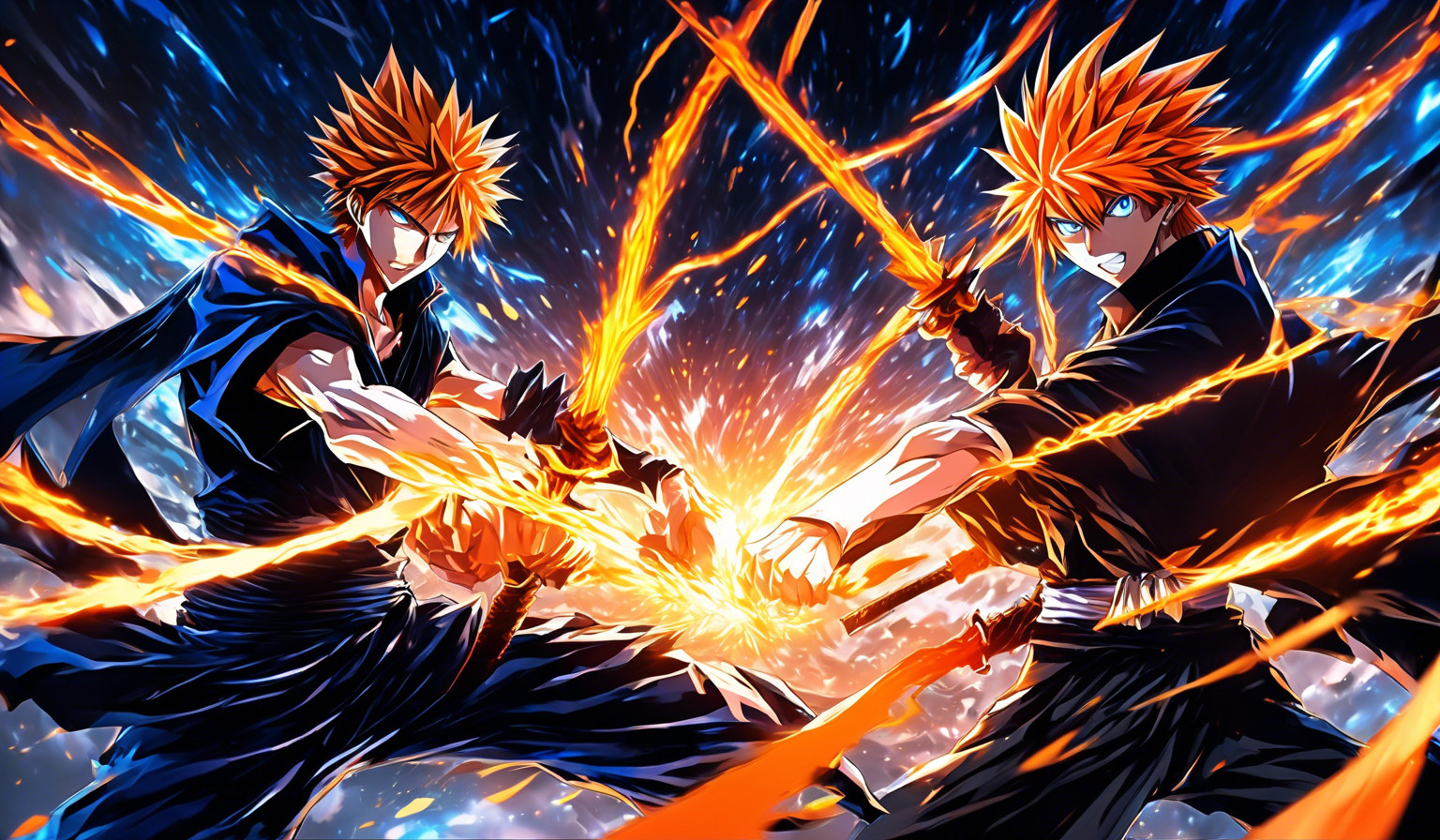 Create a dynamic digital wallpaper showing two powerful anime-style characters, each with distinct characteristics inspired by dark fantasy and supernatural energy. The first character has short, spiky orange hair, a determined expression, and wields a massive, jagged sword. he is Ichigo Kurosaki from bleach anime. He is surrounded by dark, swirling energy with a hint of blue light, symbolizing strength and resilience. The second character, wearing a blindfold, has white hair, a calm smile, and exudes an aura of mystical blue energy. he is gojo from jujutsu kaisen. Both stand side by side against a dark, ethereal backdrop of floating energy particles and city ruins in twilight, evoking a sense of an intense, otherworldly alliance.