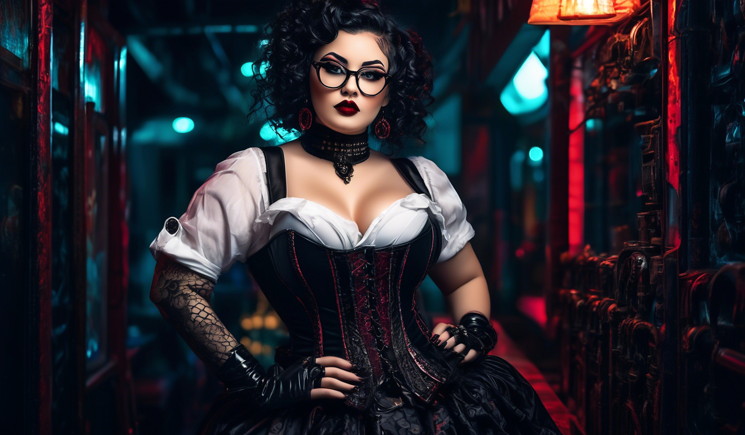 A charming curvy woman, adorned in an exquisite mix of elegant and gothic chic clothing, effortlessly combining skirts, a white blouse and underbust corsets. Her very long, black curls frame her round face with large brown eyes, long eyelashes and full red lips. She wears glasses with sturdy black frames.