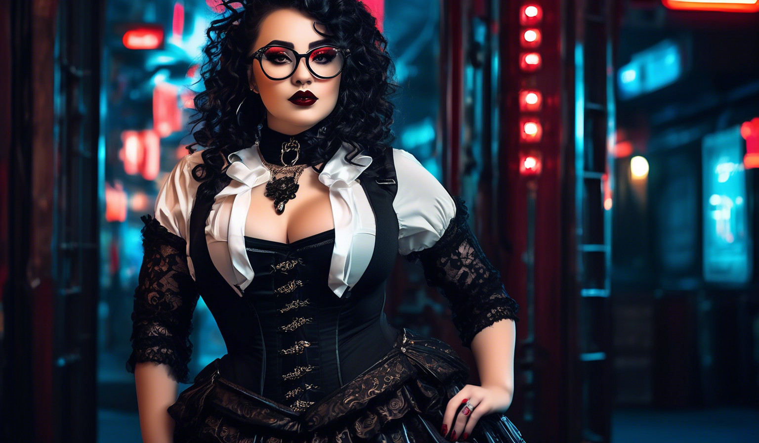 A charming curvy woman, adorned in an exquisite mix of elegant and gothic chic clothing, effortlessly combining skirts, a white blouse and underbust corsets. Her very long, black curls frame her round face with large brown eyes, long eyelashes and full red lips. She wears glasses with sturdy black frames.