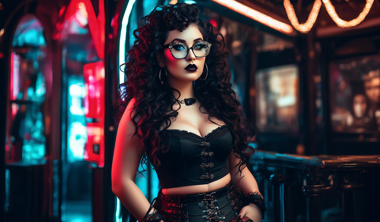 A charming curvy woman, adorned in an exquisite mix of elegant and gothic chic clothing, effortlessly combining skirts, a white blouse and underbust corsets. Her very long, black curls frame her round face with large brown eyes, long eyelashes and full red lips. She wears glasses with sturdy black frames.