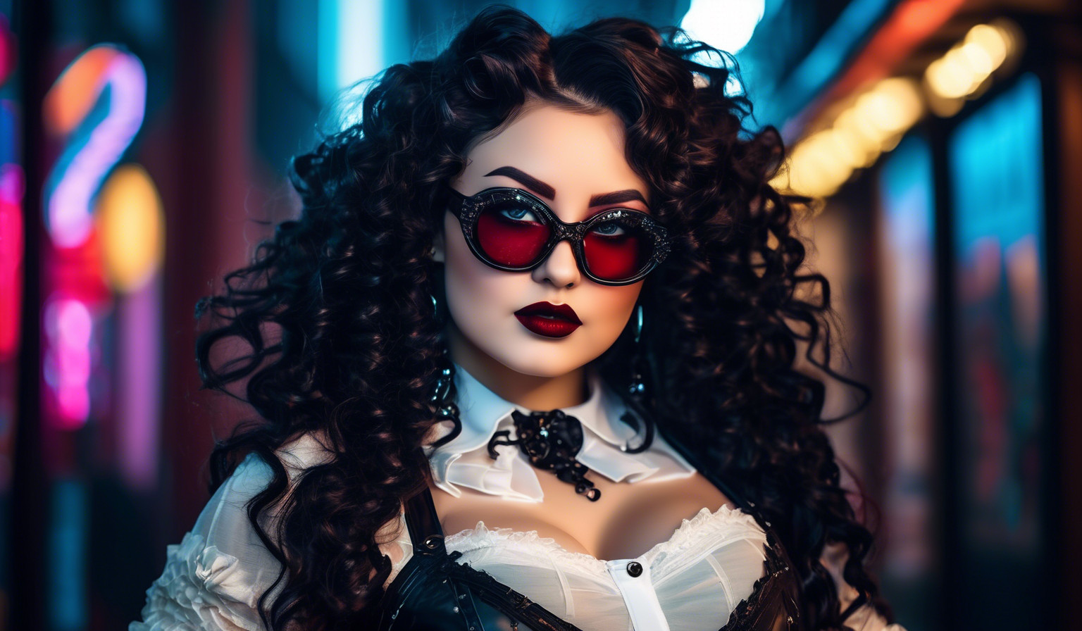 A charming curvy woman, adorned in an exquisite mix of elegant and gothic chic clothing, effortlessly combining skirts, a white blouse and underbust corsets. Her very long, black curls frame her round face with large brown eyes, long eyelashes and full red lips. She wears glasses with sturdy black frames.