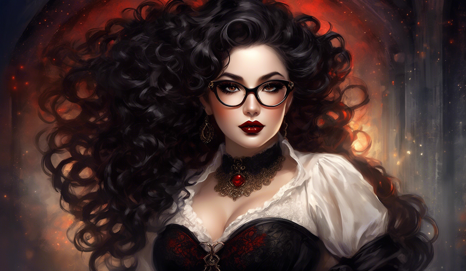 A charming curvy woman, adorned in an exquisite mix of elegant and gothic chic clothing, effortlessly combining skirts, a white blouse and underbust corsets. Her very long, black curls frame her round face with large brown eyes, long eyelashes and full red lips. She wears glasses with sturdy black frames.