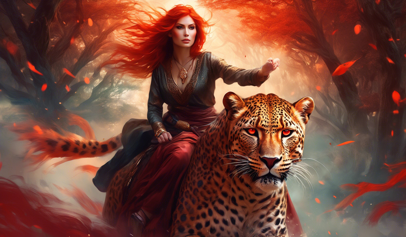 Big scary leopard withbeautiful red head woman. Riding