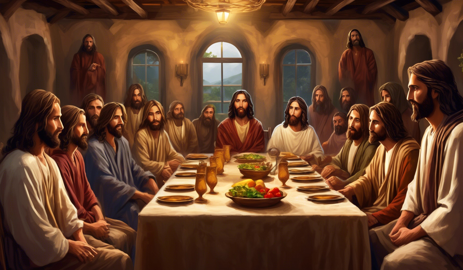 Jesus Christ sitting at a dining table with His 12 disciples