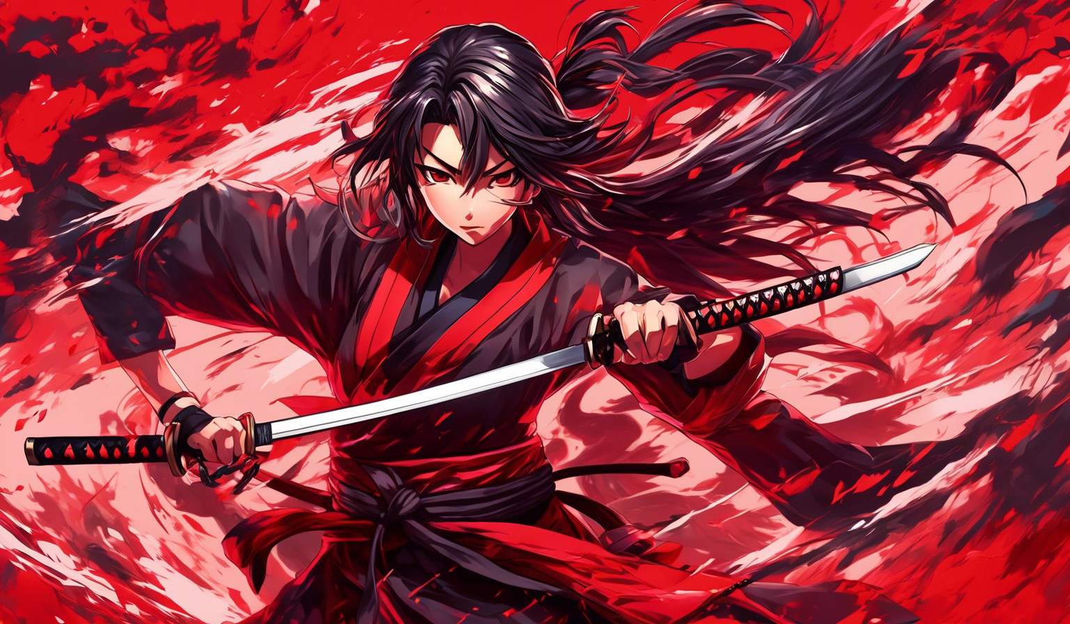 katana while handling like poses with evil and red background