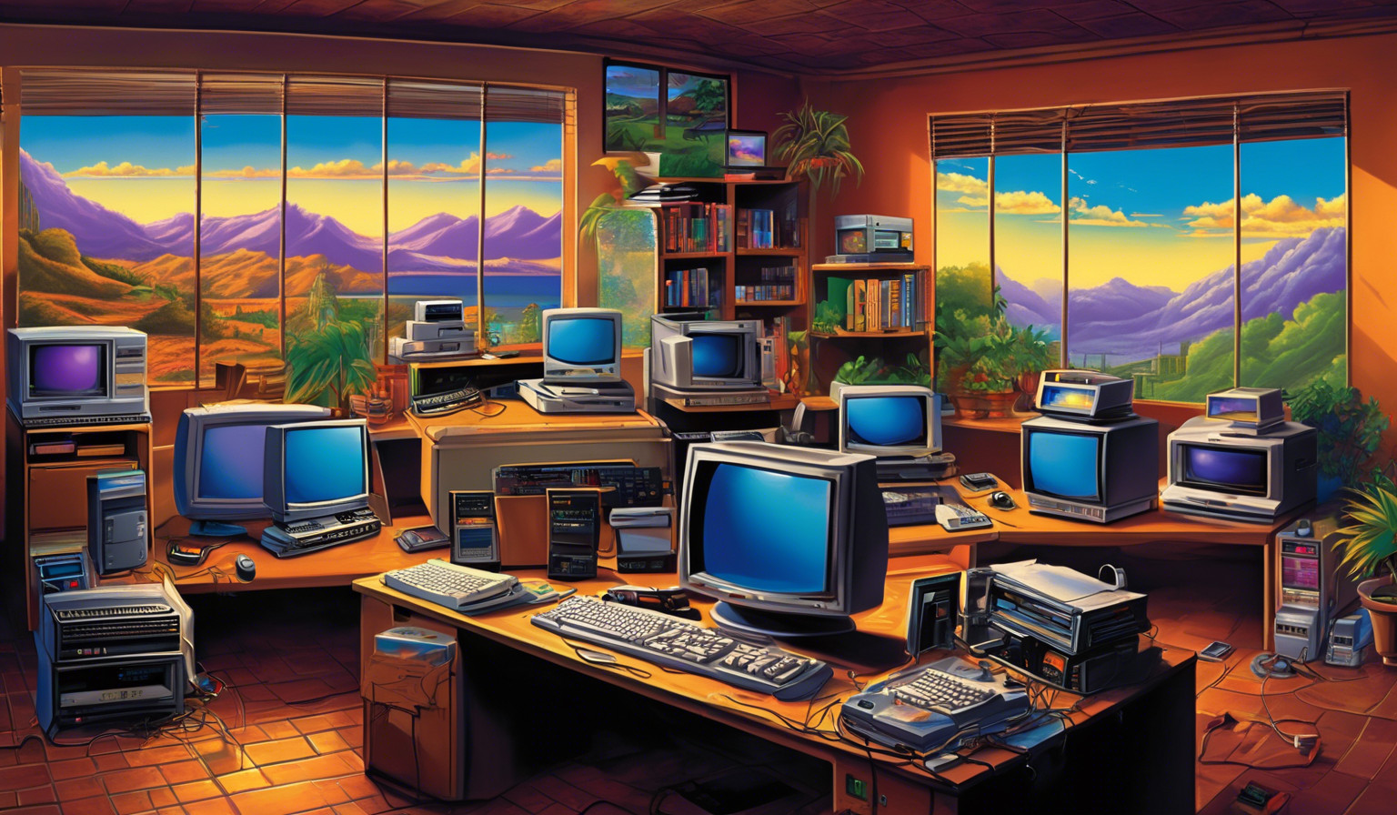 A 1990s windows themed background that showcases the old desktop computers and accessories. It has to have a mixture of classic to current technological times in a transitional view so it blends the 90s with the current year. 