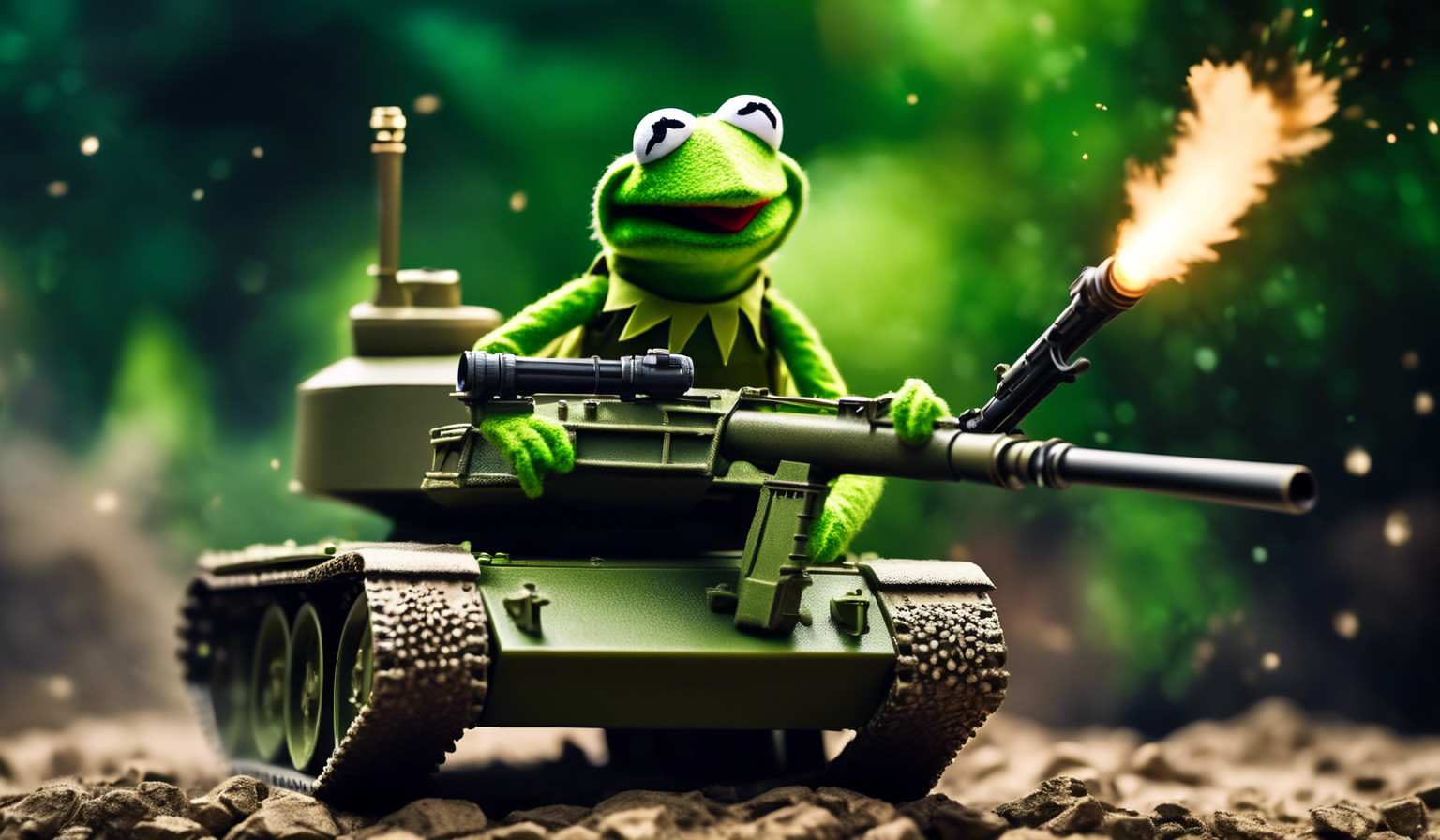 Kermit the frog in a tank firing a rpg7