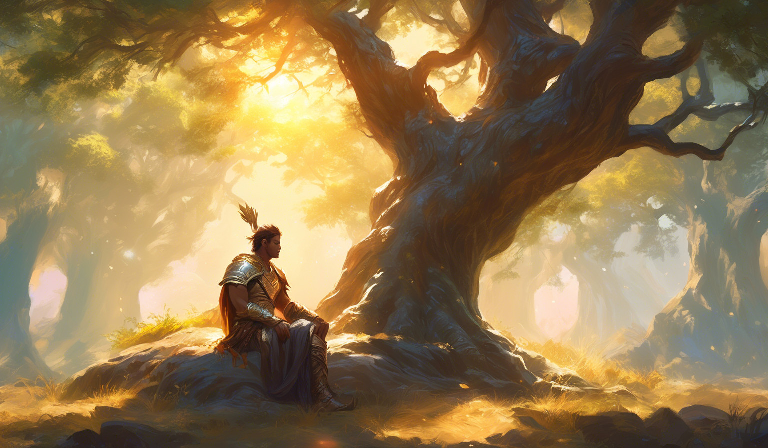 A warrior who is taking a rest from a big fight and its resting under a tree in sunshining 