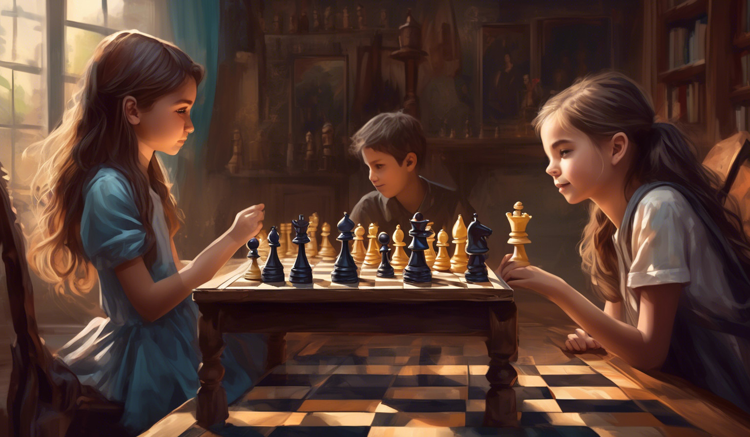 a 18 years boy playing chess against a cute girls 