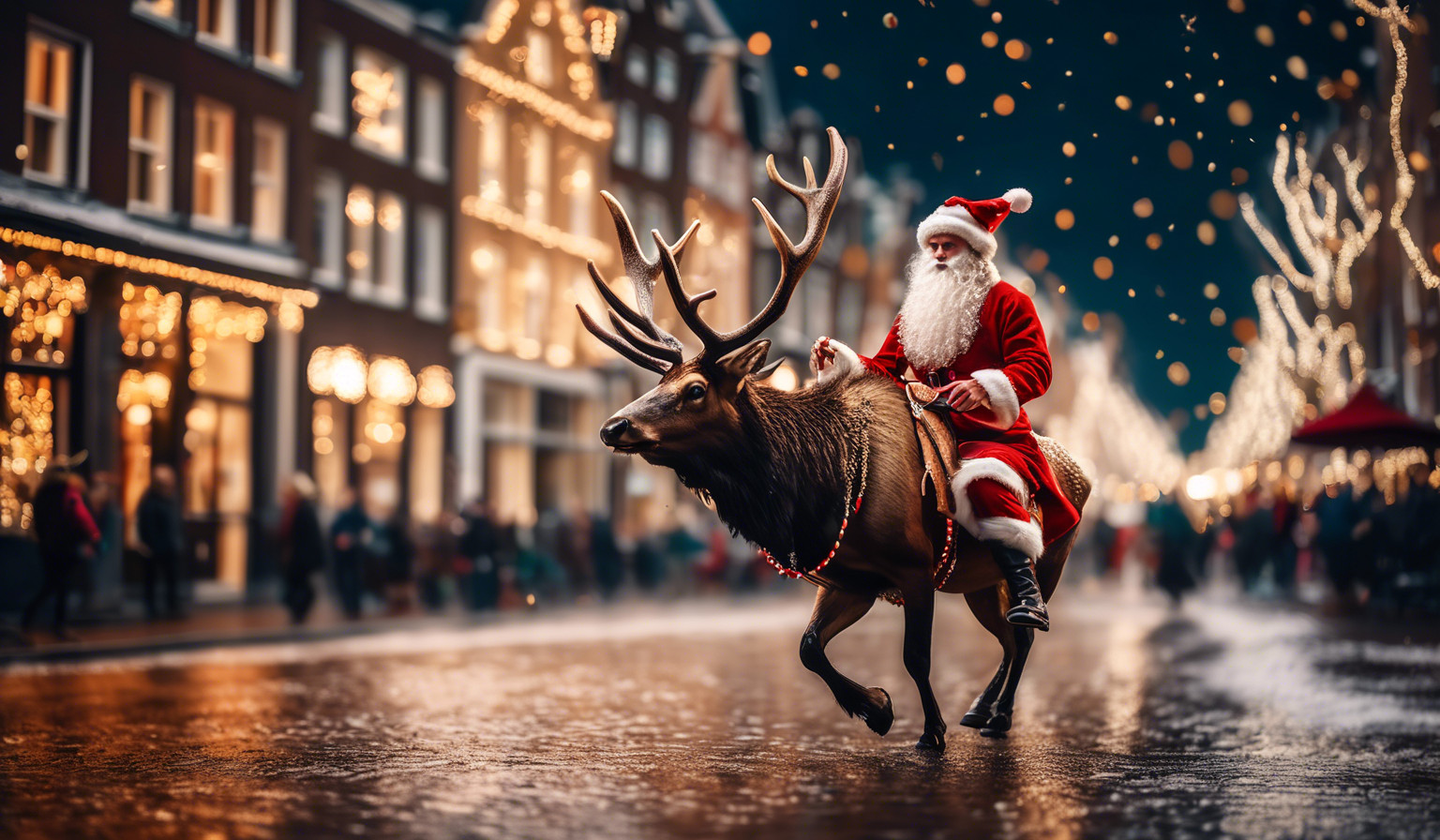 sante clause riding an elk in downtown amterdam