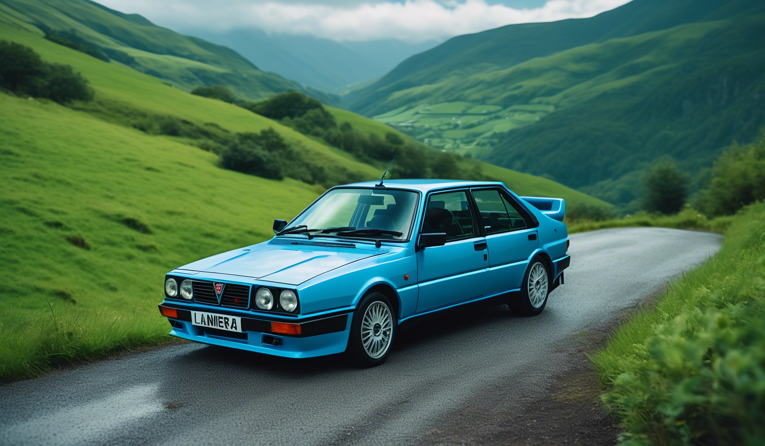 A sky blue lancia kimera evo 37 sitting on a lush green irish mountain side road