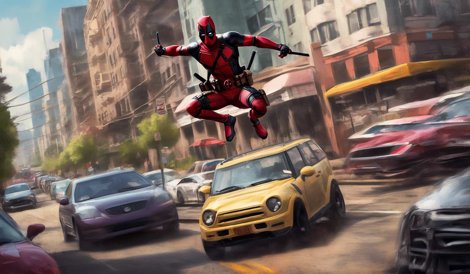 I want deadpool jumping off a car shooting