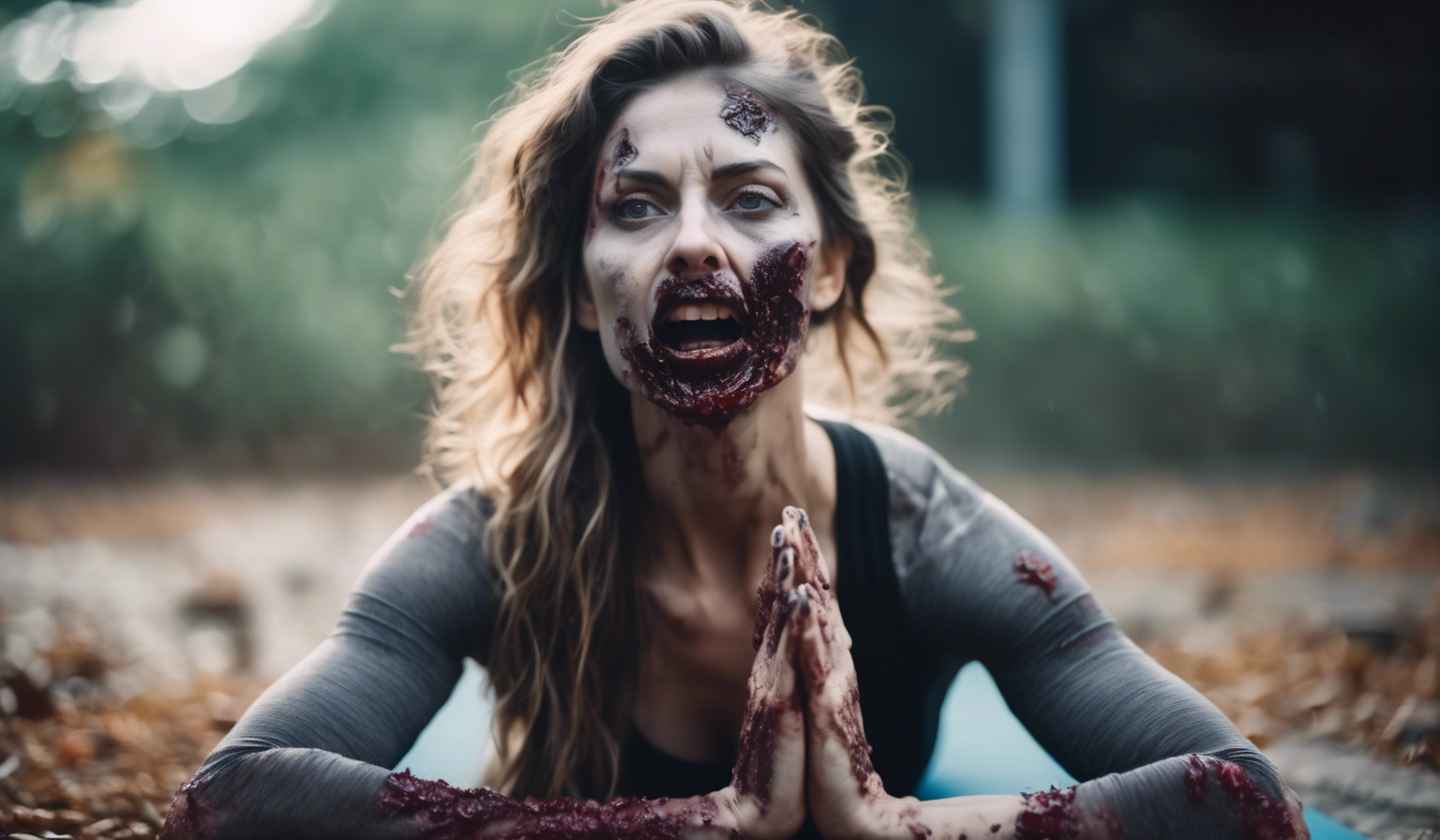 Zombie woman biting lip yoga