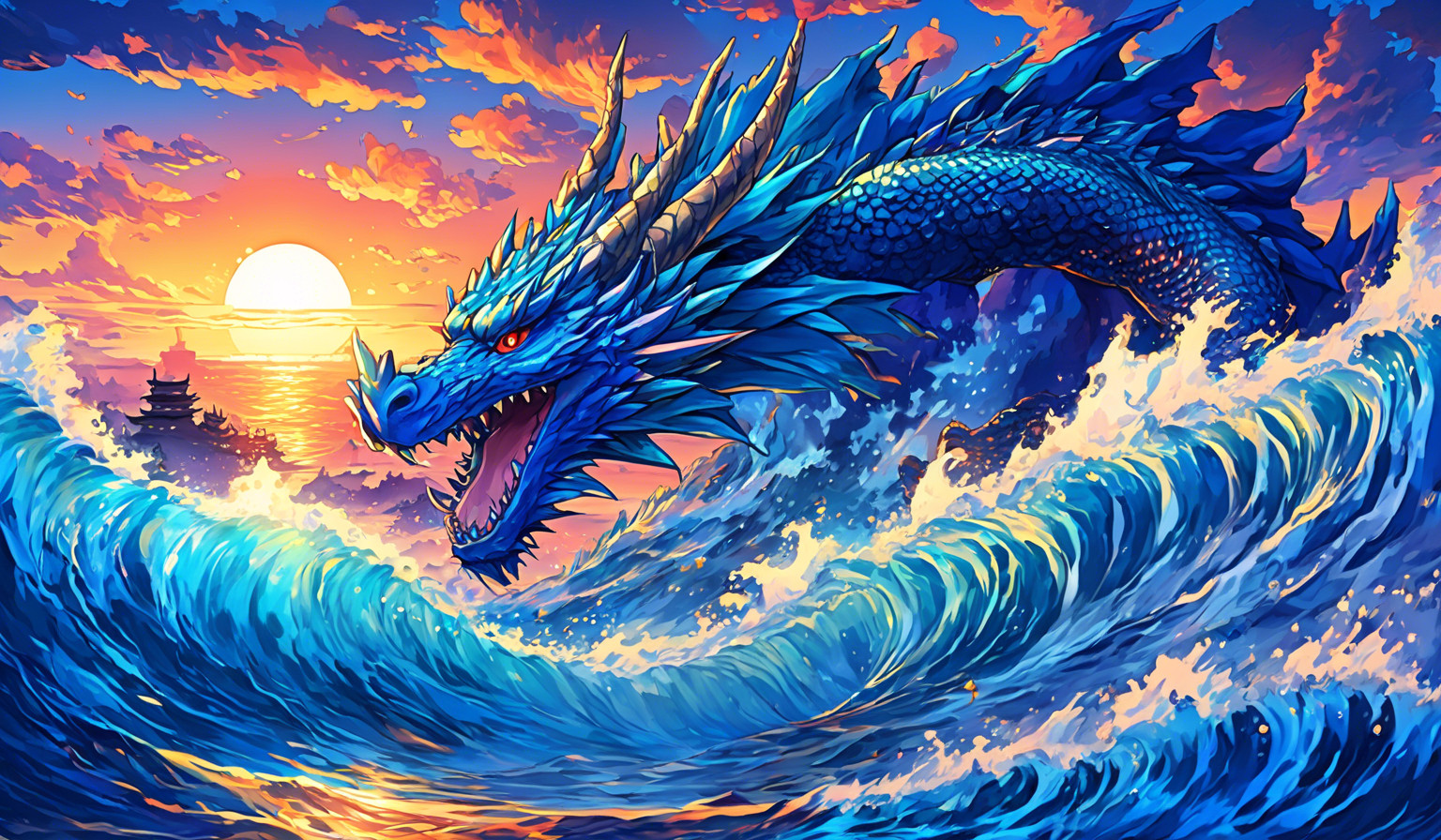 Blue dragon, ocean, sunrise 